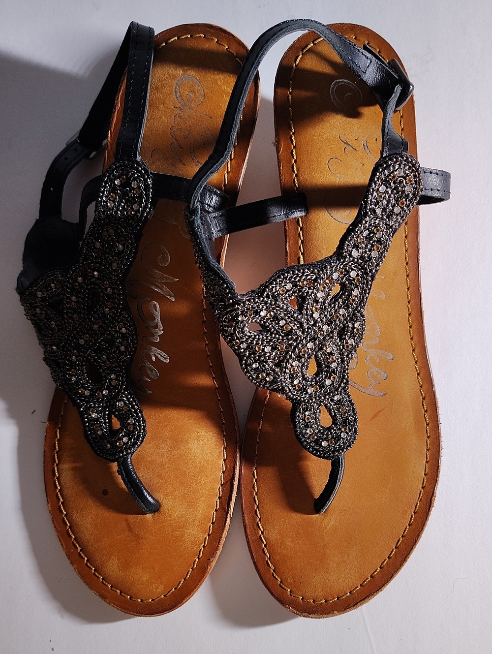 naughty monkey Women's Size 7.5 Brown Beaded T-Strap Sandals with Tan Footbed WM